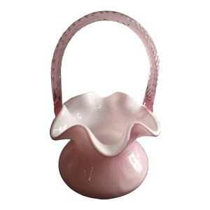 Fenton Art Glass Pink Overlay  ” Basket Twist Handle Ruffled Edge Drape